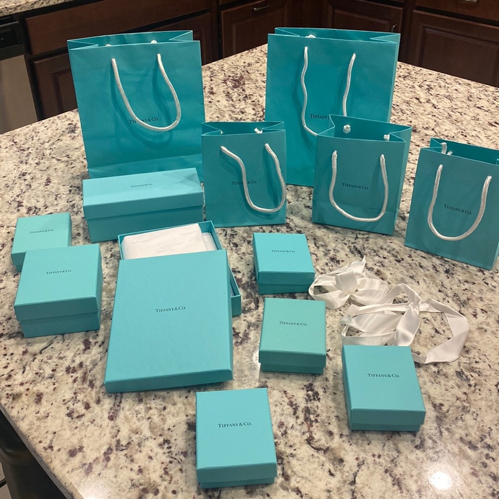 Tiffany & Co bags, boxes, and ribbons